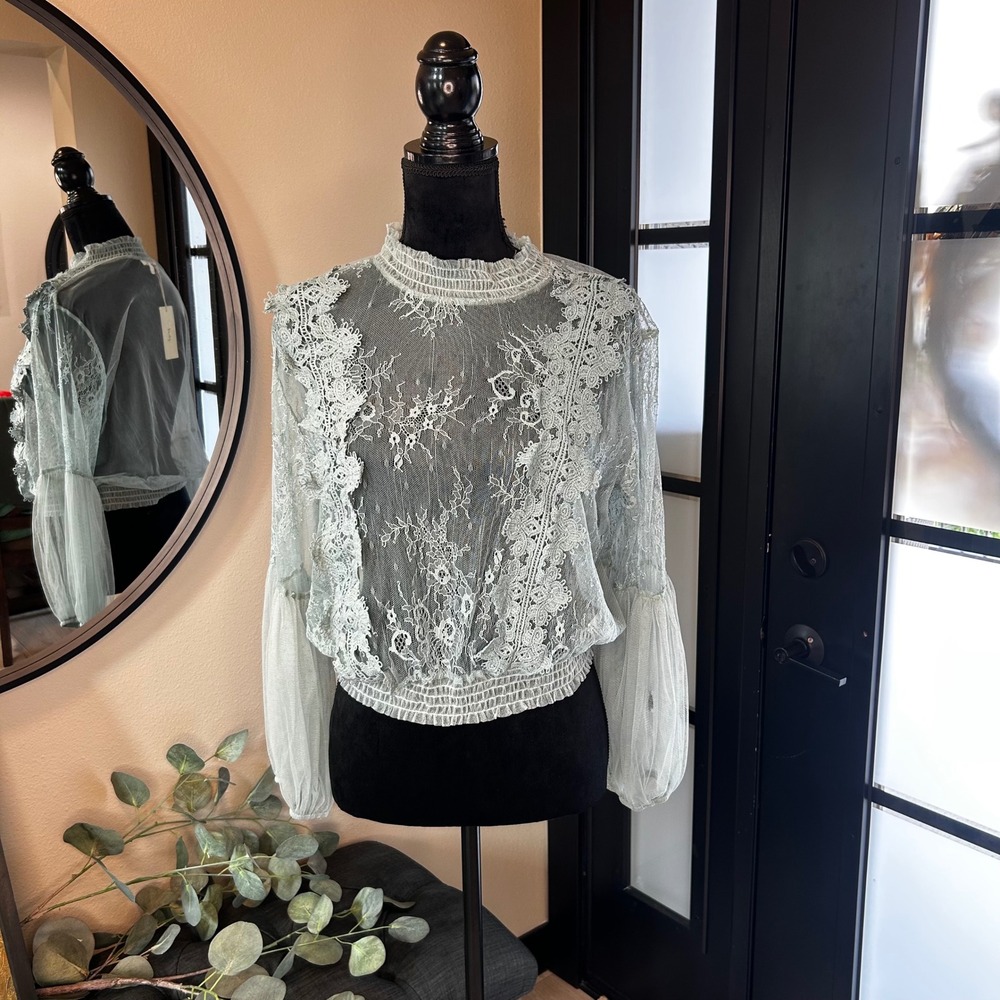 Peach Sheer Lace Mesh Blouse Sage Green Smocked High Neck Balloon Sleeve XL NEW